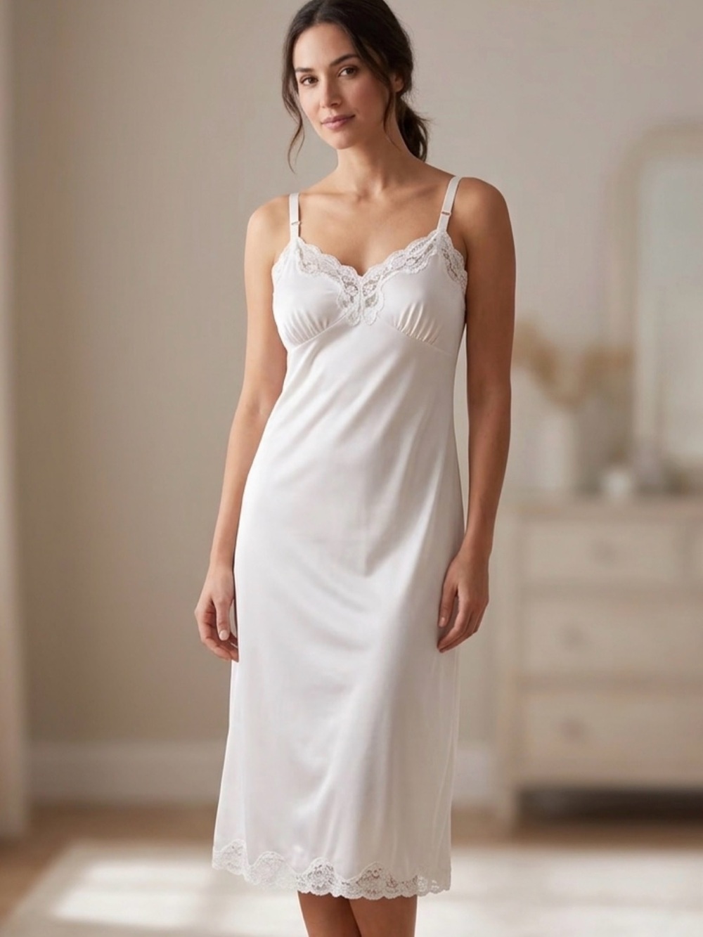 Vintage Shadowline Ivory Full Slip Peignoir Lace Trim Coquette Boudoir Sz 34